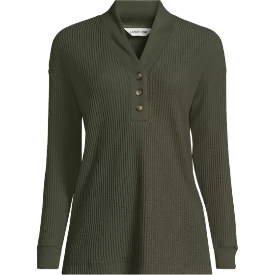 Women's Plus Size Long Sleeve Waffle Shawl Collar Henley - primary