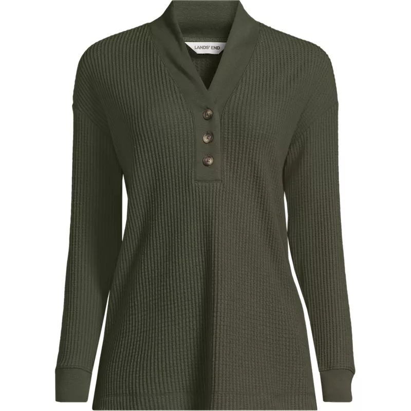 Women's Plus Size Long Sleeve Waffle Shawl Collar Henley, Front