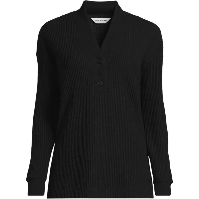 Women's Long Sleeve Waffle Shawl Collar Henley, Front
