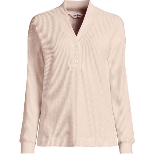 Women's Long Sleeve Waffle Shawl Collar Henley, Front