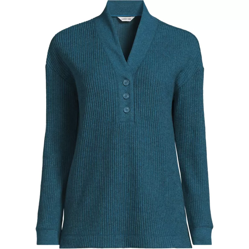 Women's Plus Size Long Sleeve Waffle Shawl Collar Henley, Front