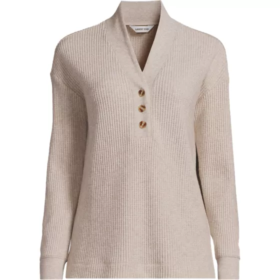 Women's Long Sleeve Waffle Shawl Collar Henley - primary