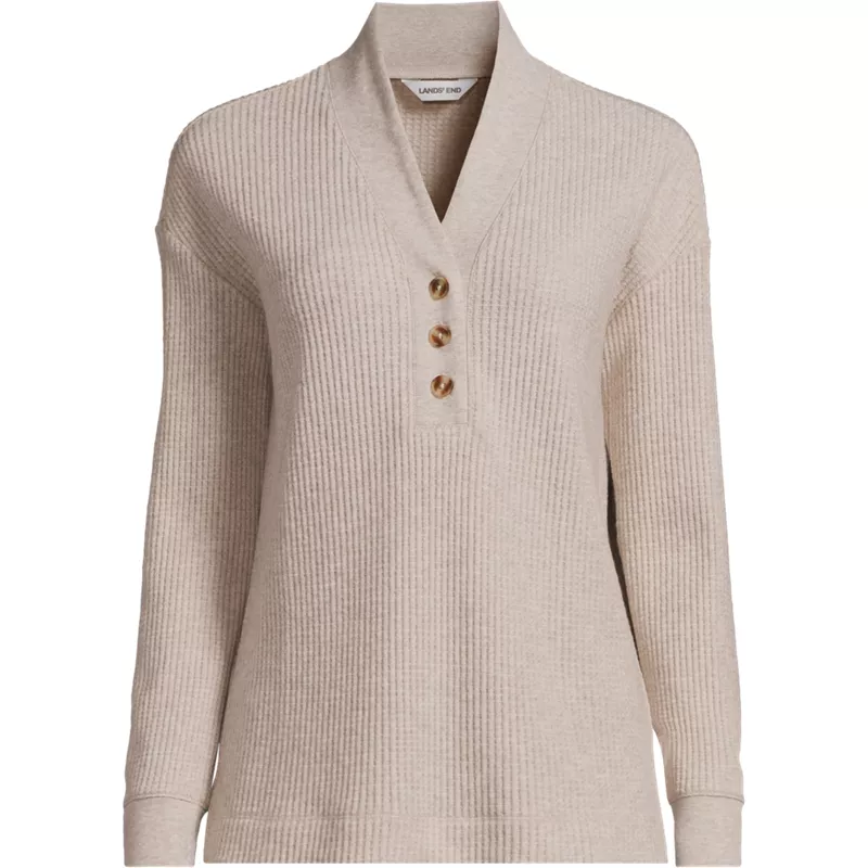 Women's Tall Long Sleeve Waffle Shawl Collar Henley, Front