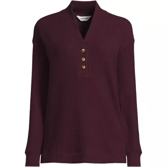 Women's Plus Size Long Sleeve Waffle Shawl Collar Henley - primary