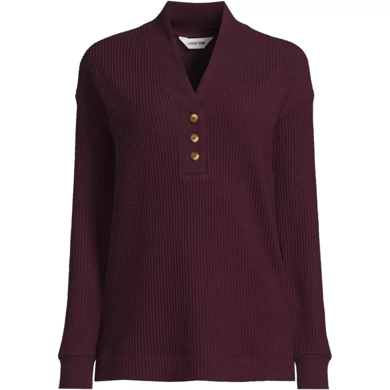 Women's Plus Size Long Sleeve Waffle Shawl Collar Henley, Front