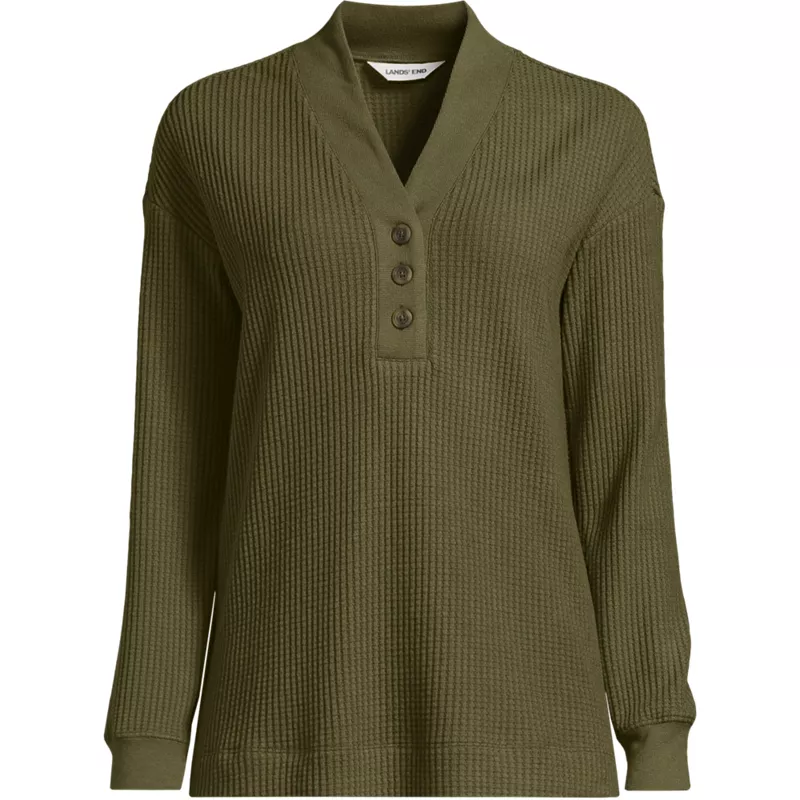 Women's Petite Long Sleeve Waffle Shawl Collar Henley, Front