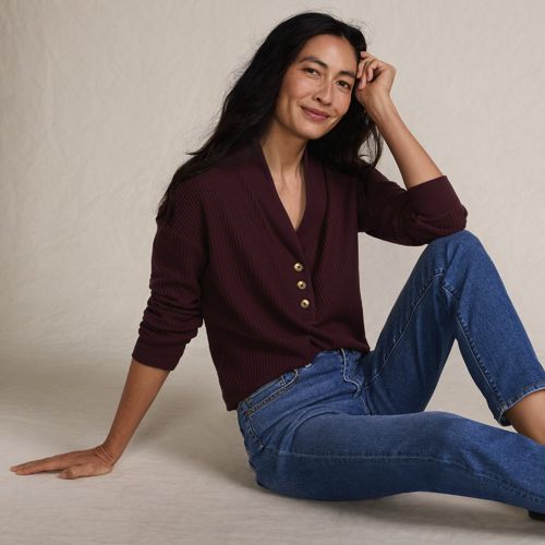 Women's Long Sleeve Waffle Shawl Collar Henley, alternative image