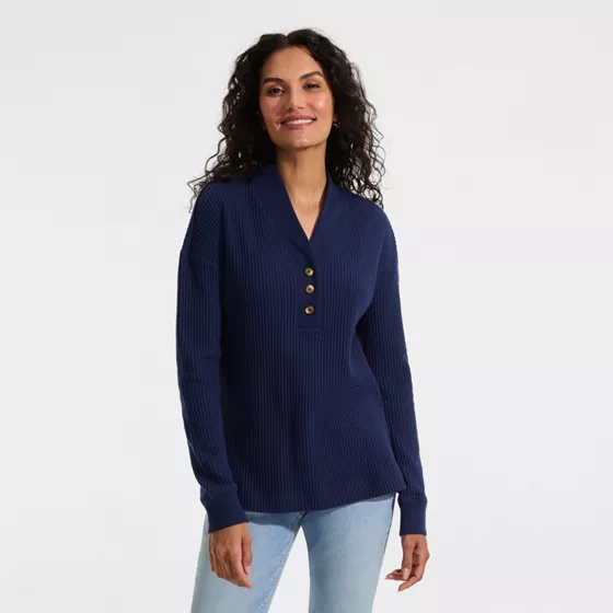 Women's Long Sleeve Waffle Shawl Collar Henley - primary