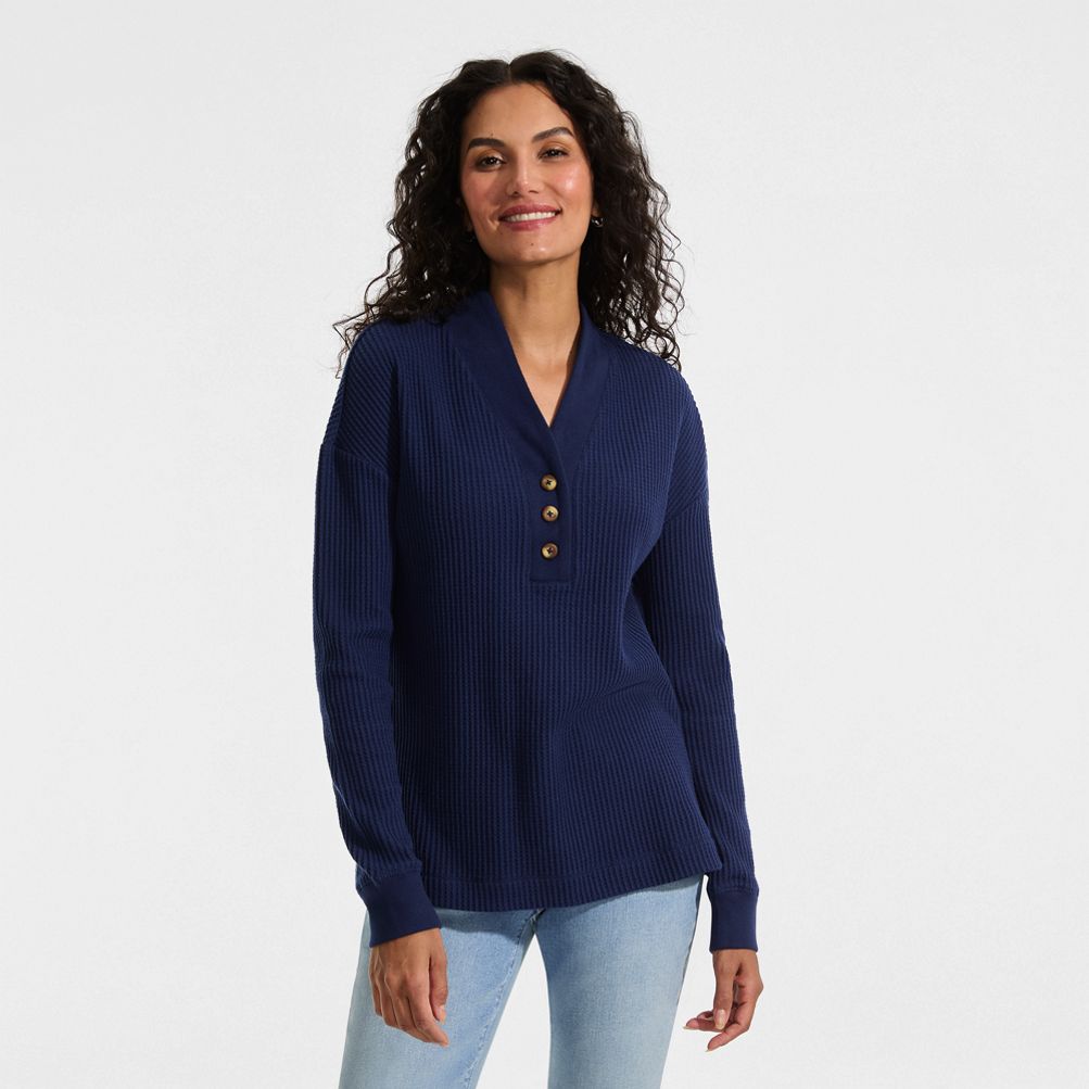 Women's Long Sleeve Waffle Shawl Collar Henley | Lands' End