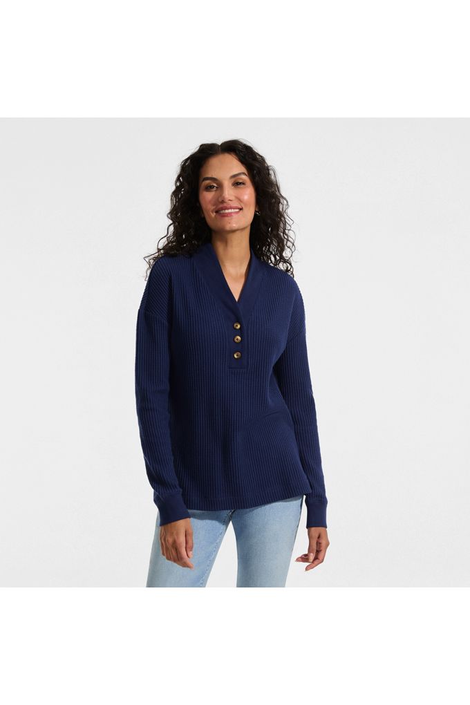 Women's Long Sleeve Waffle Shawl Collar Henley - Lands' End - Blue - XS
