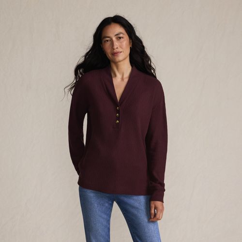 Women's Long Sleeve Waffle Shawl Collar Henley, Front