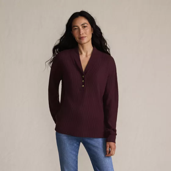 Women's Long Sleeve Waffle Shawl Collar Henley - primary