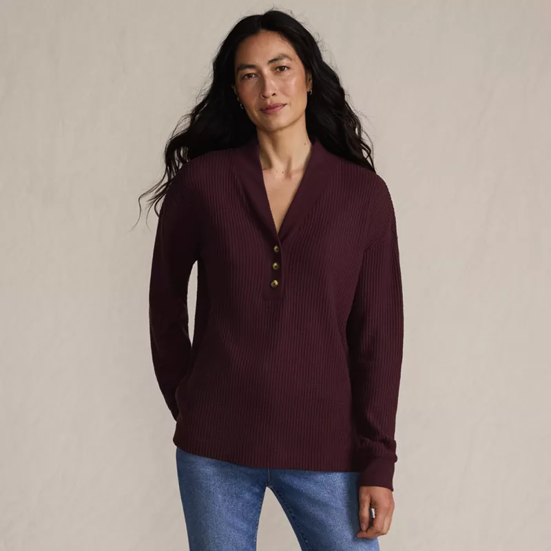 Women's Long Sleeve Waffle Shawl Collar Henley, Front
