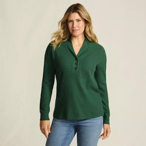 Women's Long Sleeve Waffle Shawl Collar Henley, Front
