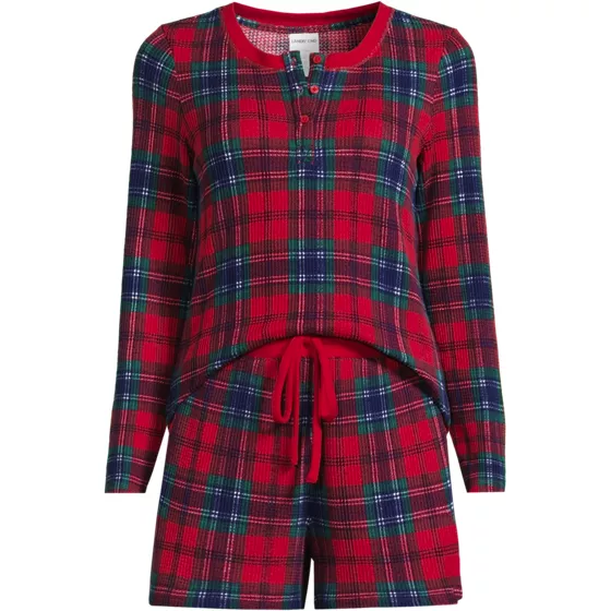 Women's Brushed Cozy Waffle 2 Piece Pajama Set - Long Sleeve Top and Shorts - primary