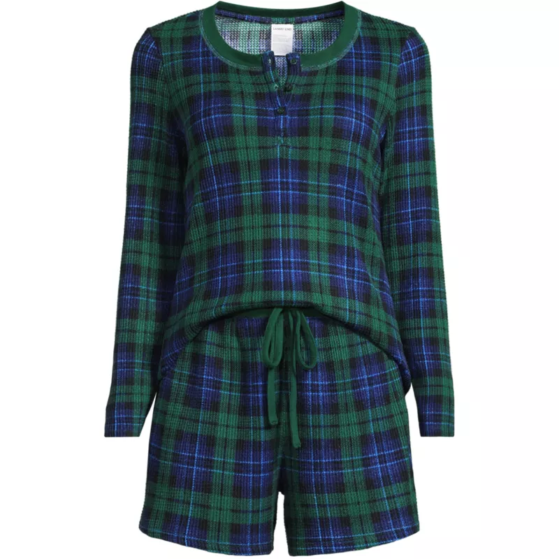 Women's Plus Size Brushed Cozy Waffle 2 Piece Pajama Set - Long Sleeve Top and Shorts, Front