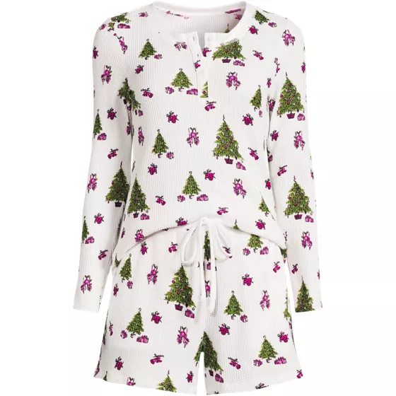 Women's Brushed Cozy Waffle 2 Piece Pajama Set - Long Sleeve Top and Shorts - primary