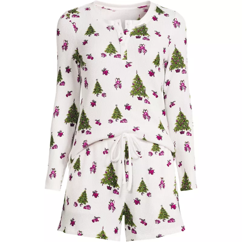 Women's Brushed Cozy Waffle 2 Piece Pajama Set - Long Sleeve Top and Shorts, Front