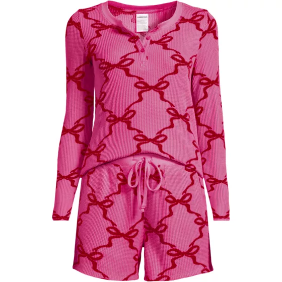 Women's Plus Size Brushed Cozy Waffle 2 Piece Pajama Set - Long Sleeve Top and Shorts - primary