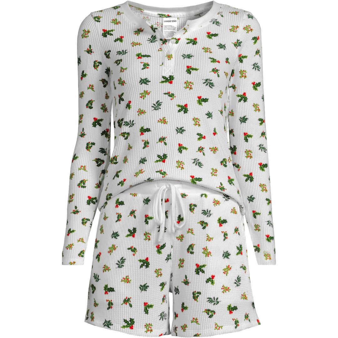 Women's Brushed Cozy Waffle 2 Piece Pajama Set - Long Sleeve Top and Shorts