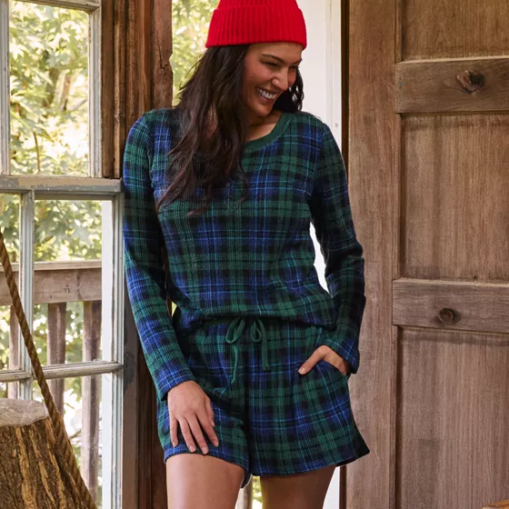 Women's Brushed Cozy Waffle 2 Piece Pajama Set - Long Sleeve Top and Shorts - primary