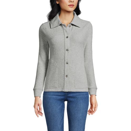 Women's Long Sleeve Waffle Collared Shacket, Front