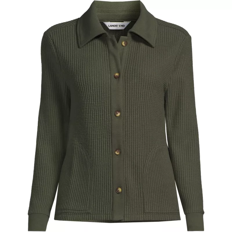 Women's Long Sleeve Waffle Collared Shacket, Front