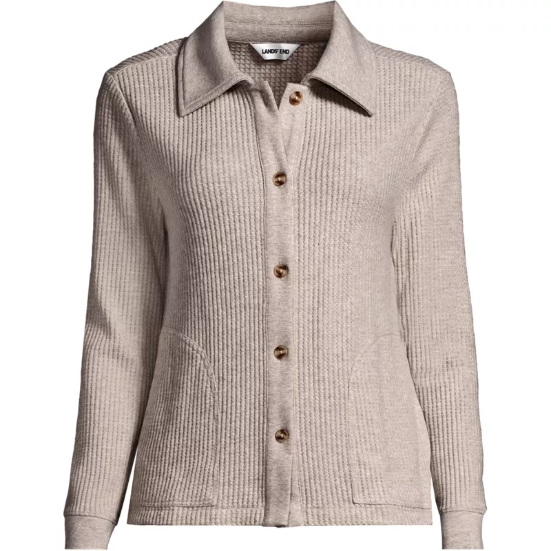 Women's Plus Size Long Sleeve Waffle Collared Shacket, Front