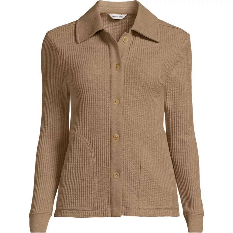Women's Plus Size Long Sleeve Waffle Collared Shacket, Front