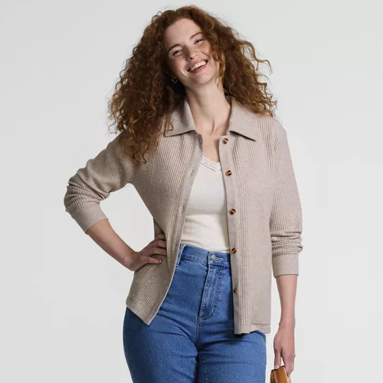Women's Long Sleeve Waffle Collared Shacket - primary