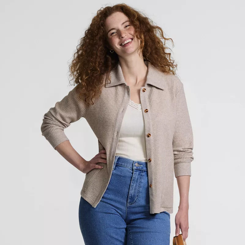 Women's Long Sleeve Waffle Collared Shacket, alternative image