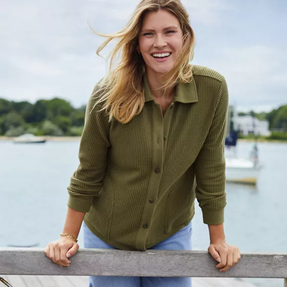 Women's Long Sleeve Waffle Collared Shacket - primary