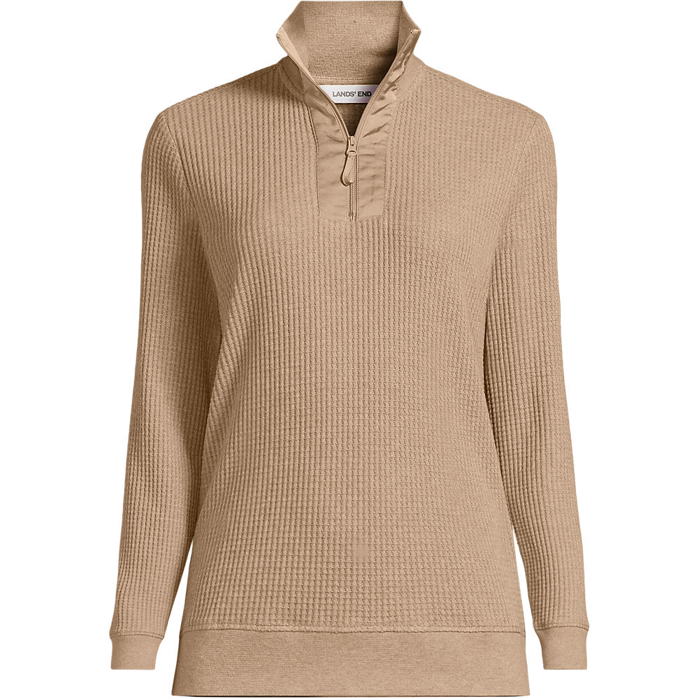 Waffle Knit Sweater with Satin Quarter Zip, Women, size: S, regular, Brown, Cotton-blend/Poly-blend, by Lands' End