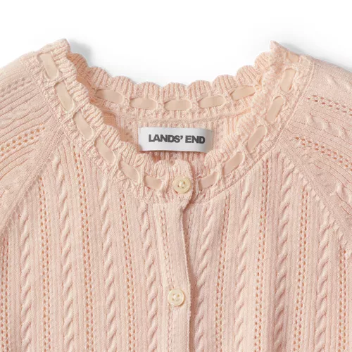 Women's Cotton Pointelle Satin Trim Cardigan Sweater, alternative image