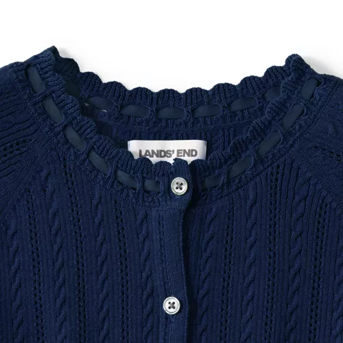 Women's Cotton Pointelle Satin Trim Cardigan Sweater, alternative image