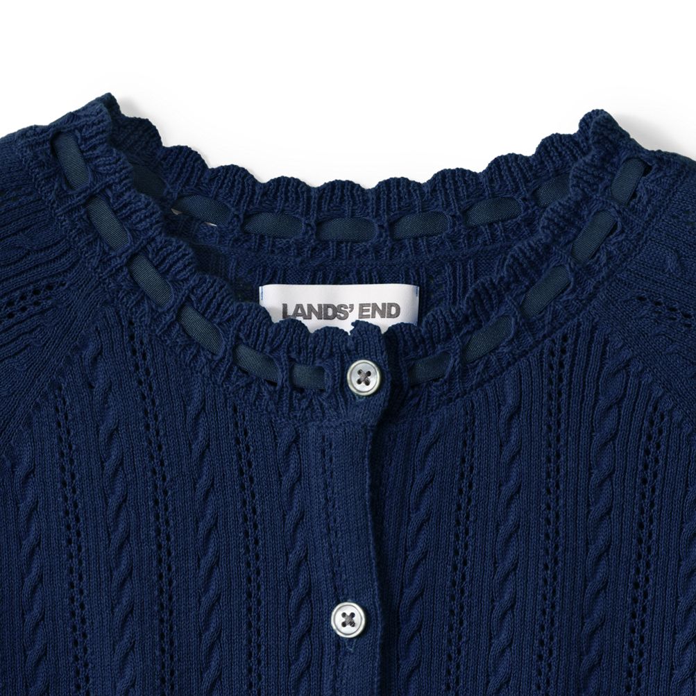 Women's Cotton Pointelle Satin Trim Cardigan Sweater | Lands' End