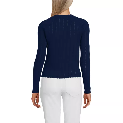 Women's Cotton Pointelle Satin Trim Cardigan Sweater, Back