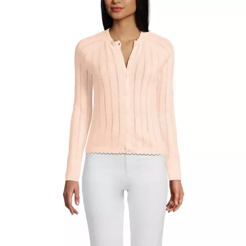Women's Cotton Pointelle Satin Trim Cardigan Sweater, Front