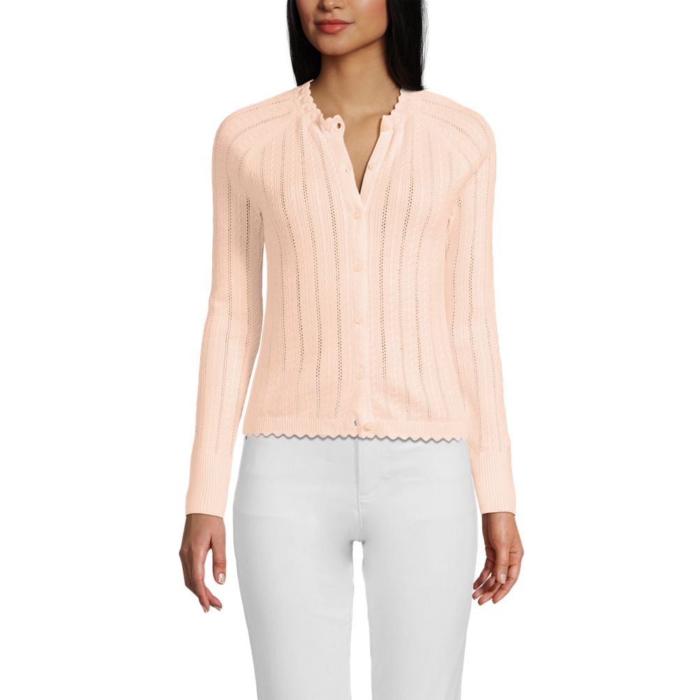 Women's Cotton Pointelle Satin Trim Cardigan Sweater | Lands