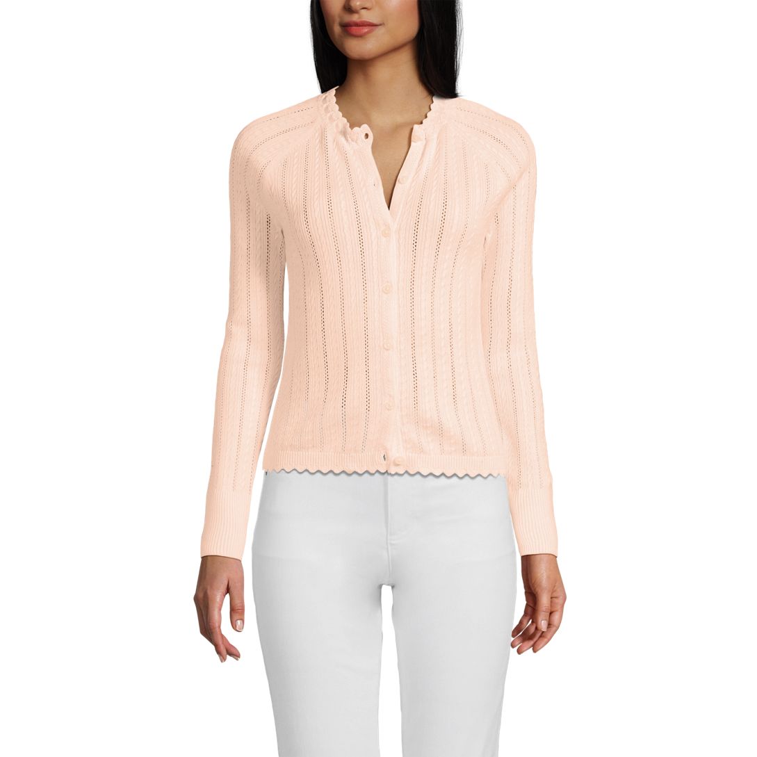 Women's Cotton Pointelle Satin Trim Cardigan Sweater