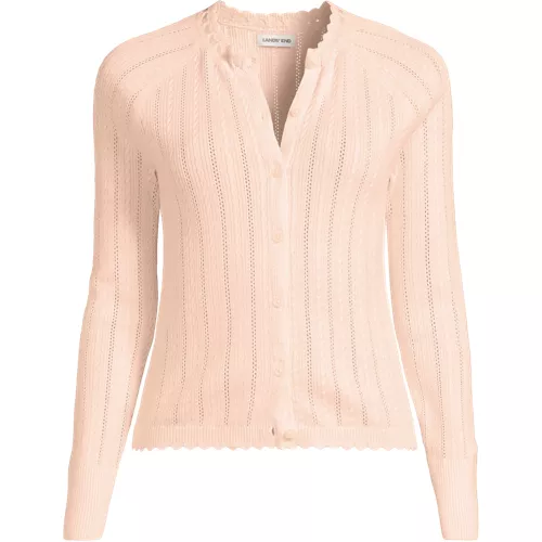 Women's Cotton Pointelle Satin Trim Cardigan Sweater, Front