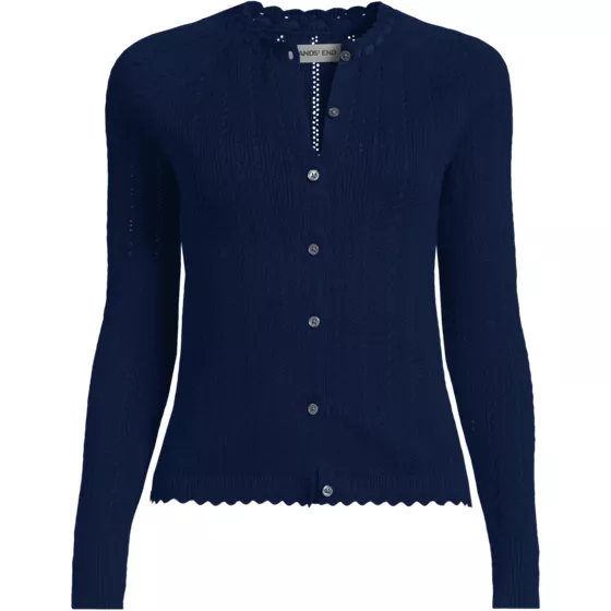 Women's Cotton Pointelle Satin Trim Cardigan Sweater - primary