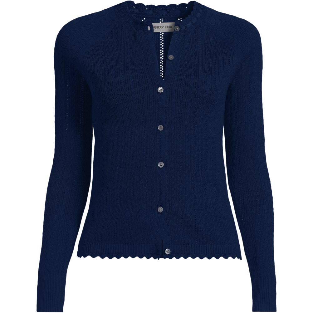 Women's Cotton Pointelle Satin Trim Cardigan Sweater | Lands' End
