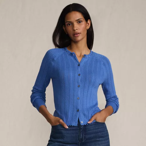 Women's Cotton Pointelle Satin Trim Cardigan Sweater, alternative image