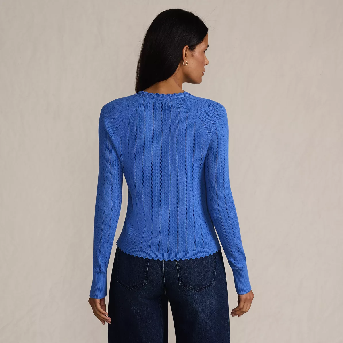 Women's Cotton Pointelle Satin Trim Cardigan Sweater