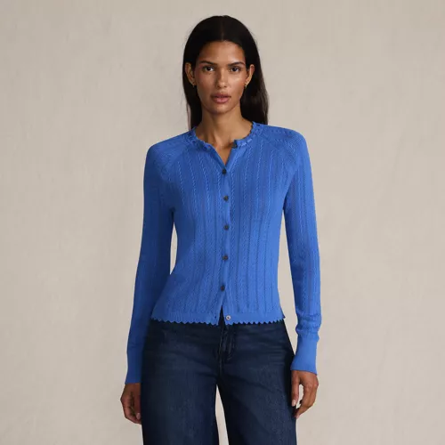 Women's Cotton Pointelle Satin Trim Cardigan Sweater, Front