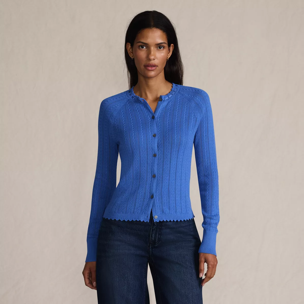 Women's Cotton Pointelle Satin Trim Cardigan Sweater