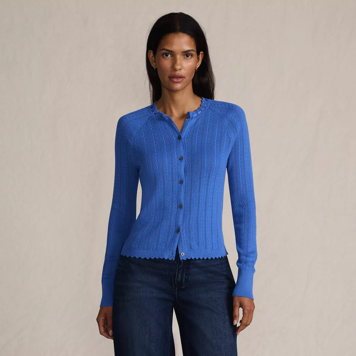 Women's Cotton Pointelle Satin Trim Cardigan Sweater