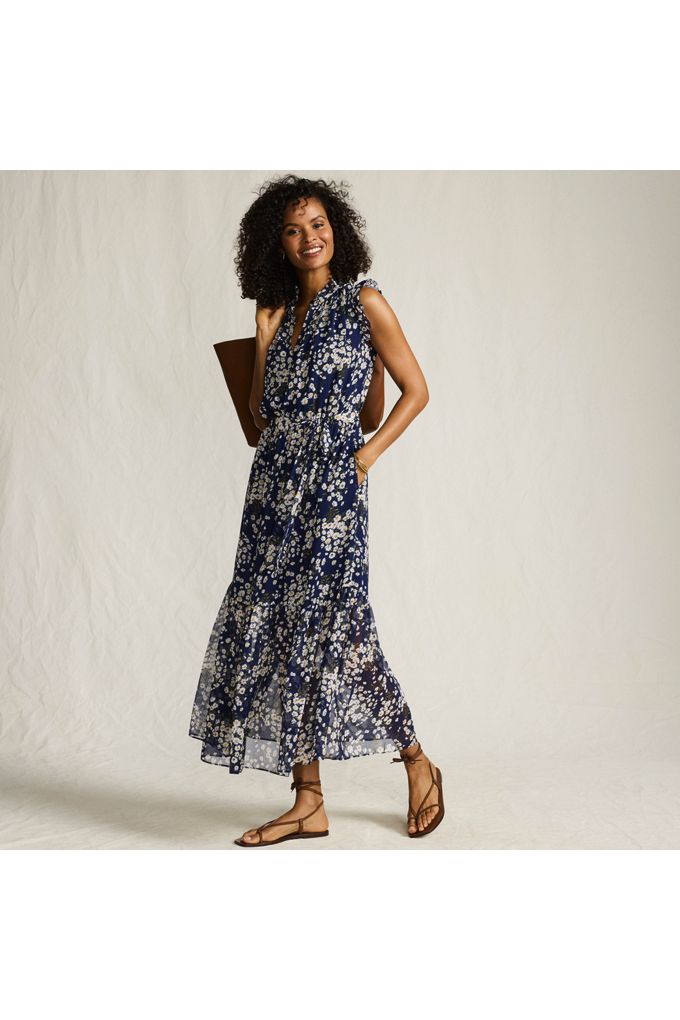 Lands' End Women's Plus Size Chiffon Maxi Dress With Ruffle Detail In Multi