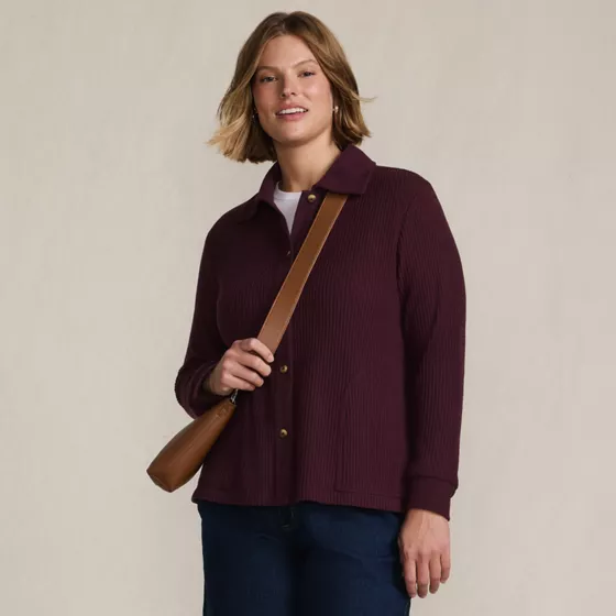 Women's Plus Size Long Sleeve Waffle Collared Shacket - primary